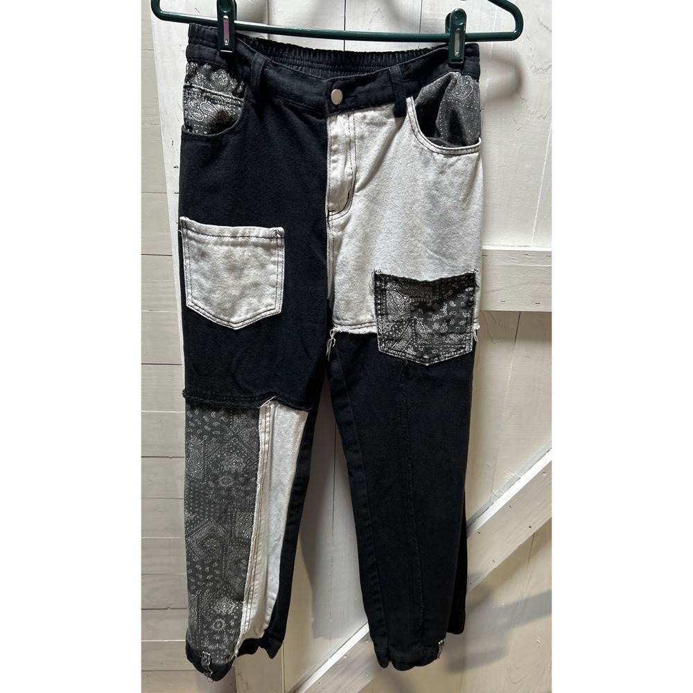 Black White Paisley Print Patchwork Straight Leg RETRO Jeans Size L Goth Grunge